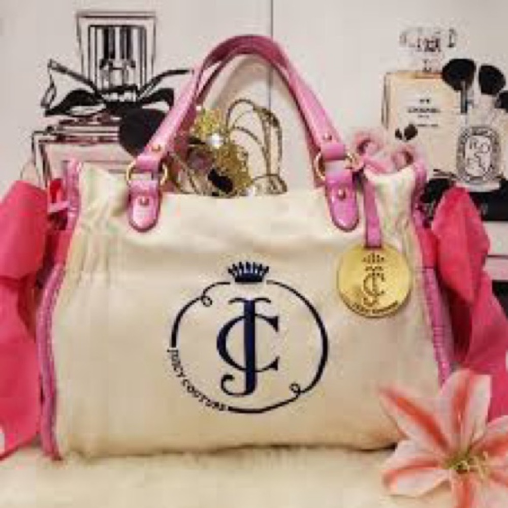 Juicy Couture Cream Canvas Shoulder Bag with Pink Trim and Navy Logo